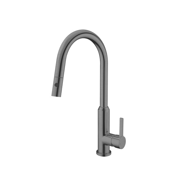 Nero Pearl pull out sink mixer in gunmetal with arched spout and side lever, shown on white background