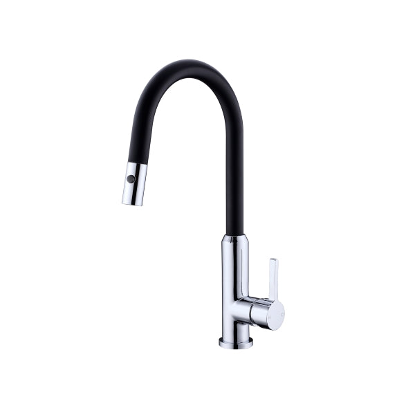 Nero Pearl pull out sink mixer in matte black with chrome base and curved spout, isolated on white background