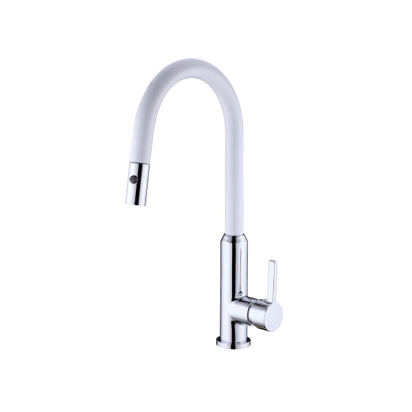 Nero Pearl pull out sink mixer tap in chrome white with curved gooseneck spout and single lever handle