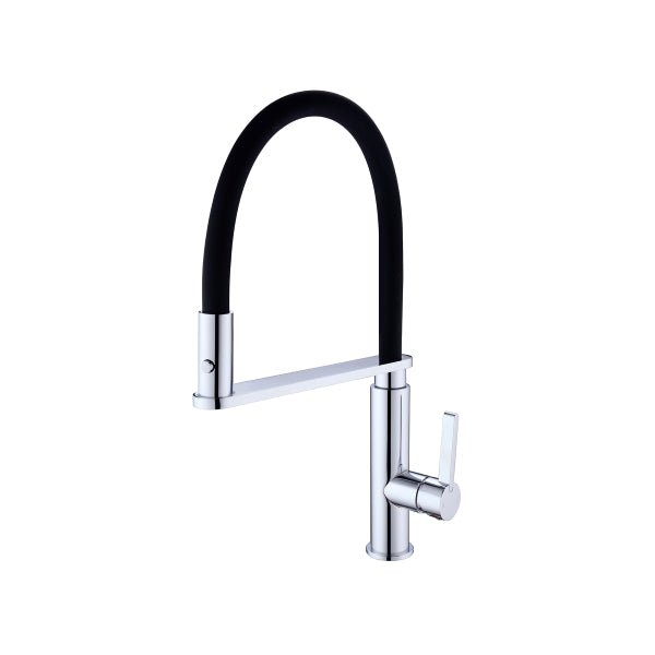 Nero Rit pull out sink mixer in chrome with black U-shaped spout and chrome lever handle, isolated on white