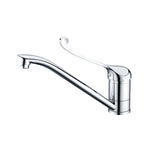 Nero Tapware chrome DDA Care sink mixer, side view with long curved spout and lever handle on white background