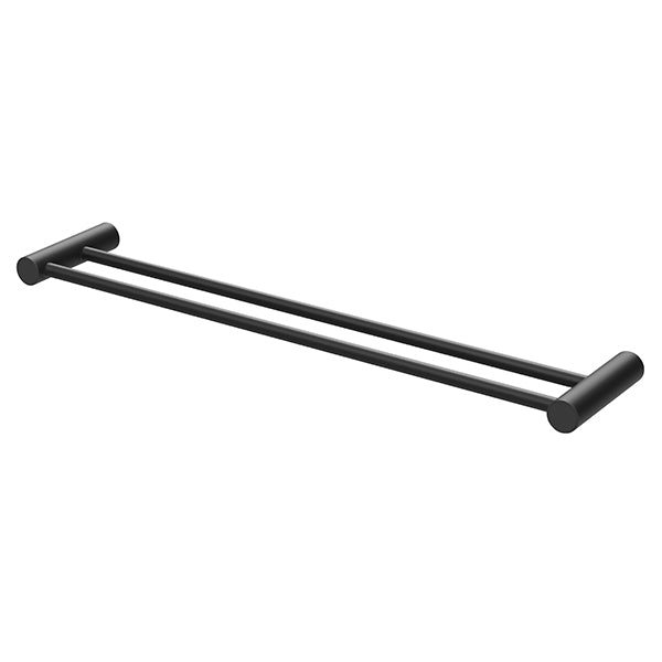Phoenix Vivid Slimline double towel rail in matte black, straight two-rail design, angled on white background