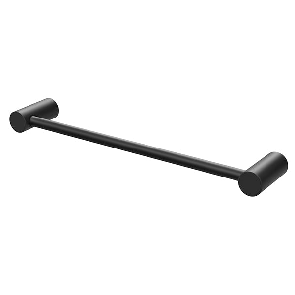 Phoenix Vivid Slimline hand towel rail in matte black, slim round bar with concealed wall fixings on white background