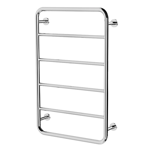Phoenix Vivid Slimline chrome towel ladder with rounded rectangular frame and five rails, wall mounted on white background