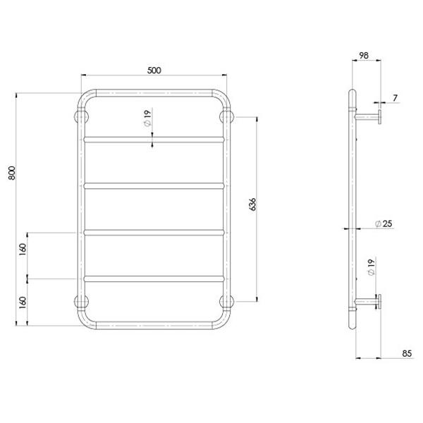 Phoenix Vivid Slimline towel ladder technical drawing, chrome, 800 x 500mm, front and side view with dimensions