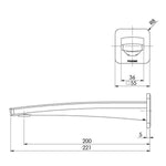 Phoenix Mekko wall bath outlet technical drawing, 200mm reach, matte black, front and side view with dimensions