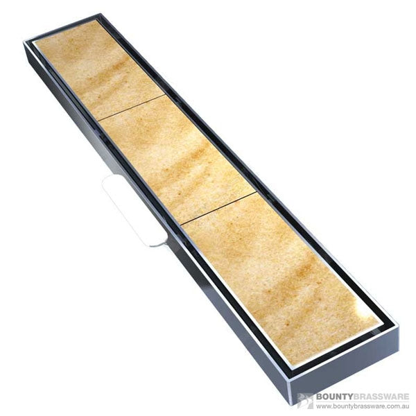 ART Australia Bermuda 80mm tile insert channel waste, rectangular black stainless steel grate with stone-look tile insert
