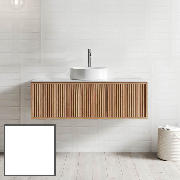 Ingrain Grooved wall hung vanity with ash woodgrain fluted drawers, white top and round basin in bathroom setting