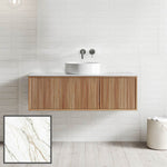 Ingrain Grooved wall-hung vanity with fluted ash timber veneer front, white top and round basin in bathroom setting