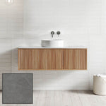 Ingrain Grooved wall hung vanity with fluted timber front and white basin in a bright bathroom setting