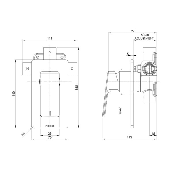 Phoenix Enviro316 shower wall mixer technical drawing in brushed stainless steel, showing front and side dimensions
