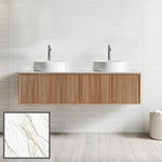 Ingrain Grooved wall hung vanity in ash woodgrain with fluted drawers, white twin basins and wall-mounted taps