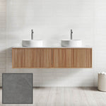 Ingrain Grooved wall hung vanity in ash woodgrain with fluted drawer fronts and double above-counter basins