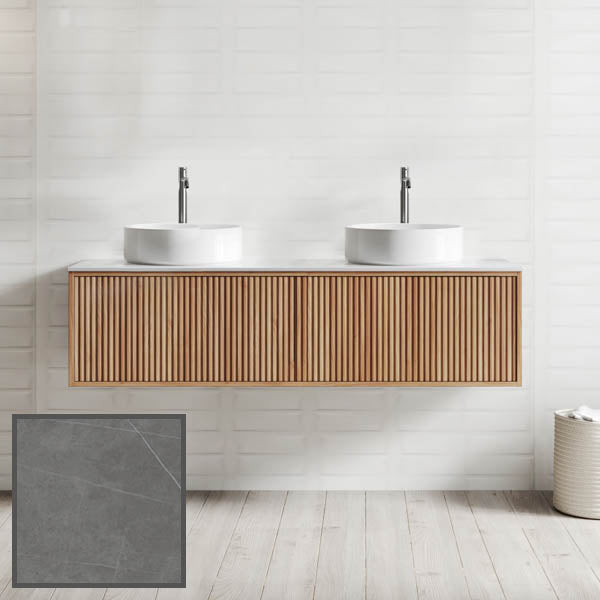 Ingrain Grooved wall hung vanity in ash woodgrain with fluted drawer fronts and double above-counter basins