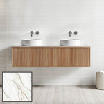 Ingrain grooved wall hung vanity in ash woodgrain with twin round above-counter basins in a bright bathroom setting