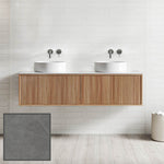 Ingrain grooved wall hung vanity in warm woodgrain finish with double basin and matt black taps in a white bathroom