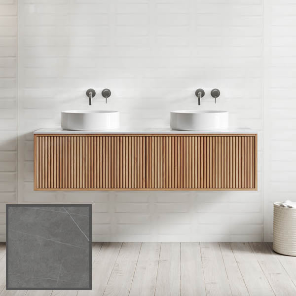 Ingrain grooved wall hung vanity in warm woodgrain finish with double basin and matt black taps in a white bathroom