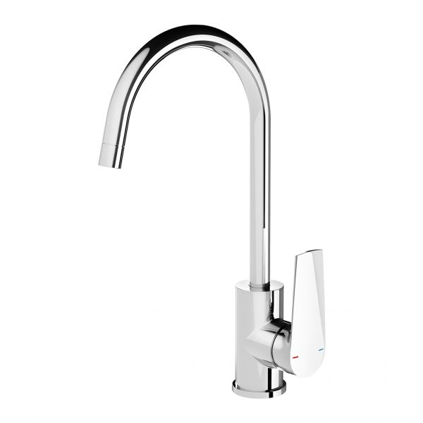 Phoenix Arlo chrome gooseneck sink mixer tap, hob mounted with curved high spout and single lever handle
