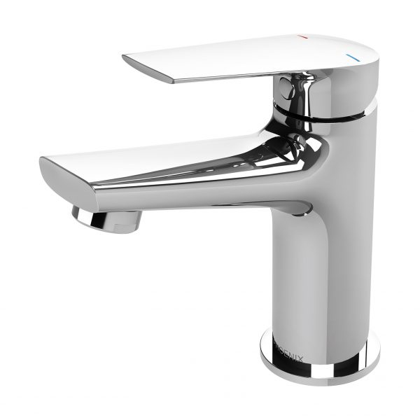 Phoenix Arlo chrome basin mixer tap, single lever with sleek curved spout, side view on white background