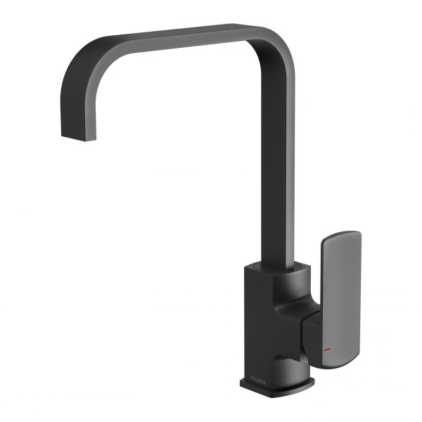 Phoenix Teva squareline sink mixer in matte black, with 200mm gooseneck swivel spout and single lever handle, on white background