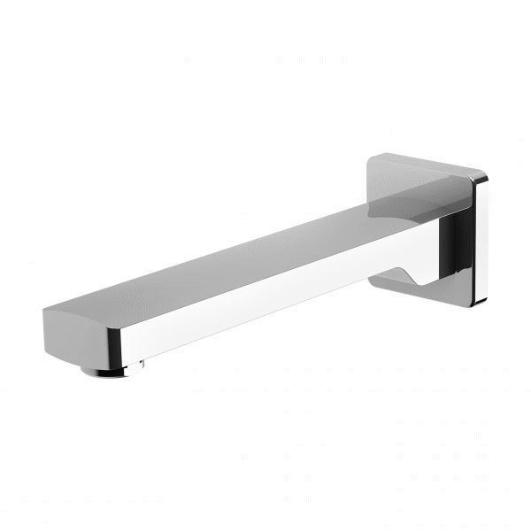 Phoenix Teva 200mm wall bath outlet in chrome, modern rectangular brass spout, side view