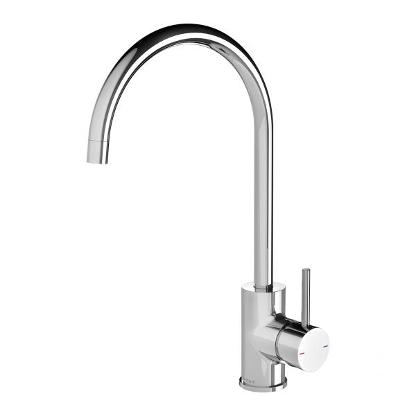 Phoenix Pina chrome gooseneck sink mixer tap with 200mm high swivel spout, side lever and round base