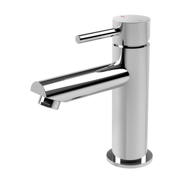 Phoenix Pina chrome basin mixer tap with cylindrical body and flat spout, hob mounted on white background