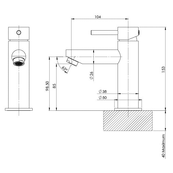 Phoenix Pina chrome basin mixer technical drawing with dimensions, side and front views, hob mounted tap