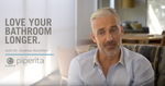 Caroma Piperita promotional video frame with Dr Andrew Rochford and “Love your bathroom longer” text