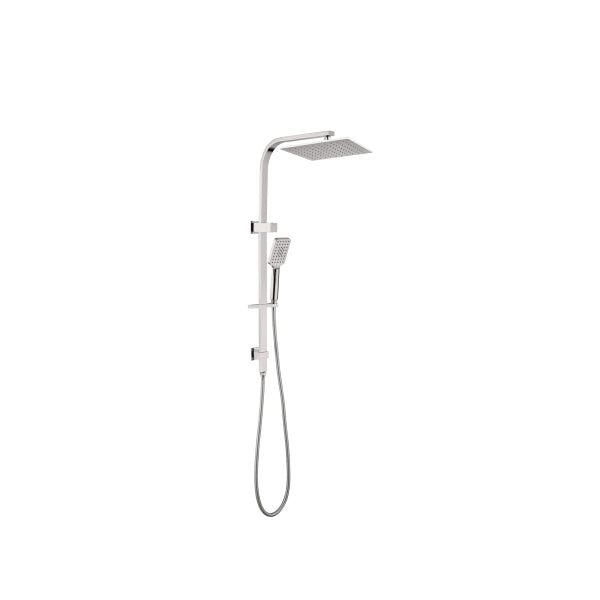 Nero Celia square twin rail shower set in brushed nickel, with overhead square shower head and handheld on rail