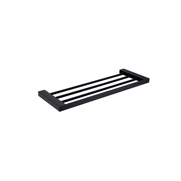Nero Celia matte black towel rack, rectangular bathroom accessory with four bars, shown on a white background