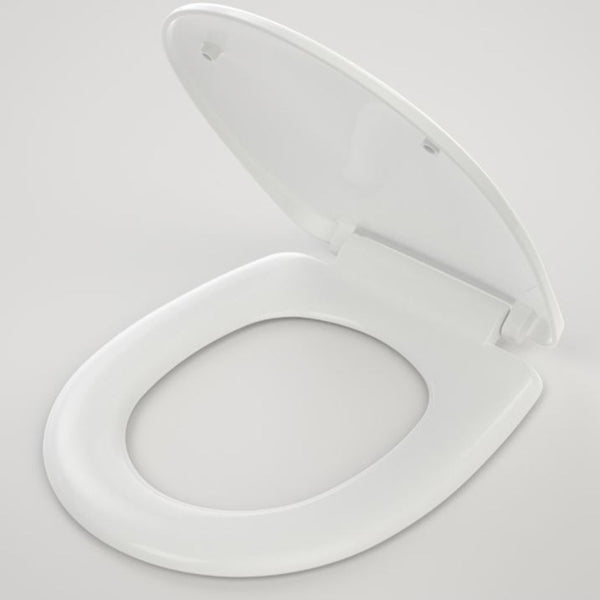 Caroma Profile white toilet seat with plastic hinge, open double flap design on a plain background