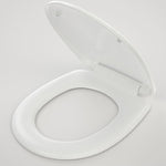 Caroma Profile white toilet seat with plastic hinge, open double flap design on a plain background