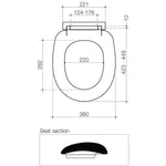 Caroma Profile toilet seat technical drawing with white double flap and plastic hinge, showing measurements and seat section view