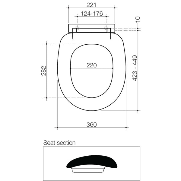 Caroma Profile toilet seat technical drawing with white double flap and plastic hinge, showing measurements and seat section view
