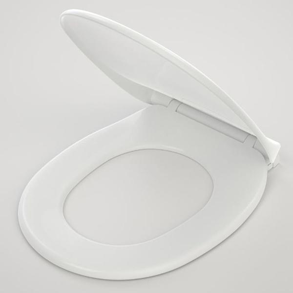 Caroma Trident white toilet seat, open-lid angled view on a plain background