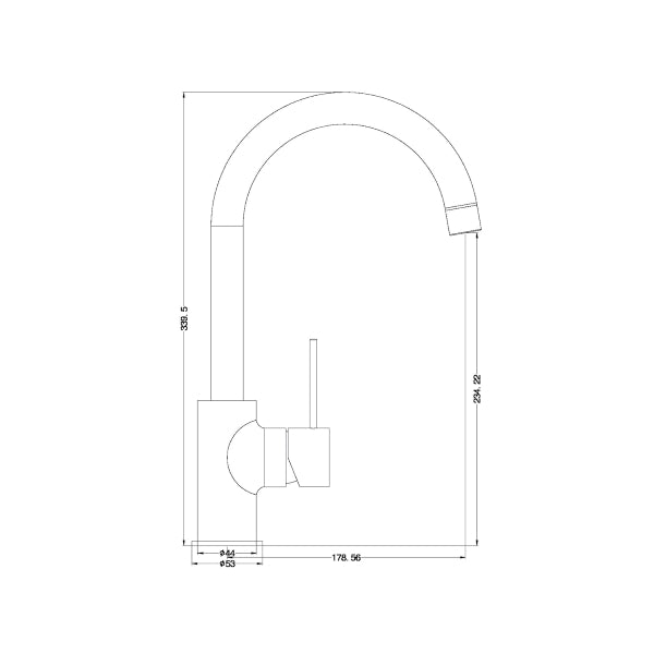 Nero Mecca gooseneck kitchen mixer technical drawing in brushed nickel, showing side profile and dimensions