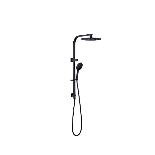 Nero Bianca twin shower in matte black, wall-mounted rail shower with overhead round head and hand shower on rail
