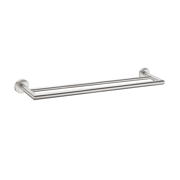 Nero Dolce double towel rail in brushed nickel with rounded wall plates and double bars on a white background