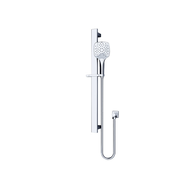 Nero Rain square 3 function rail shower in chrome, wall-mounted with adjustable rail, square head and hose on white background