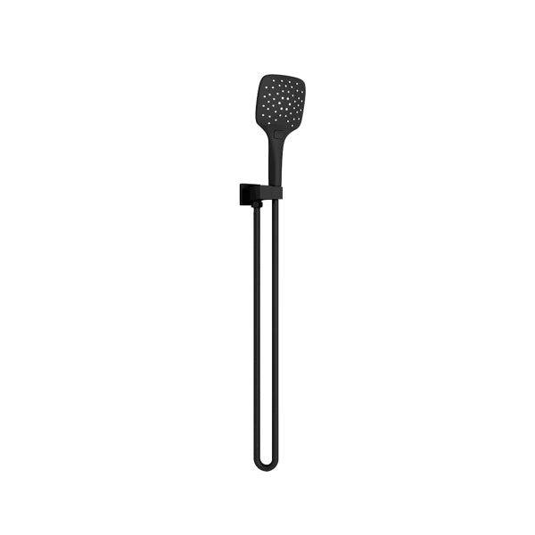Nero Rain square hand shower and rail bracket in matte black, wall-mounted with flexible hose and square spray head