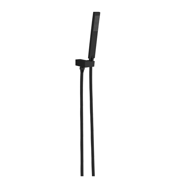 Nero Square hand shower on bracket in matte black with hose, wall mounted on white background