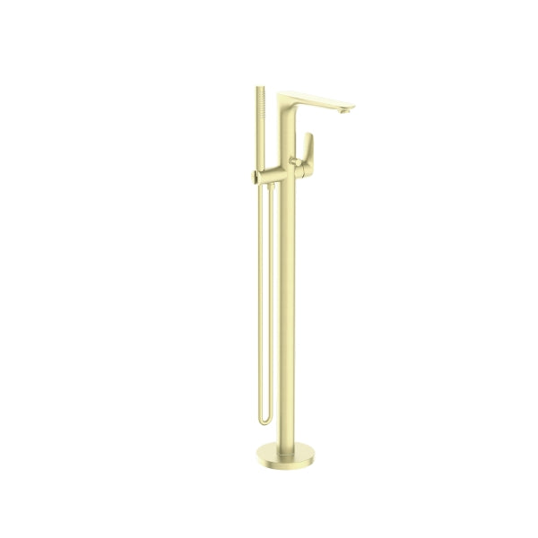 Nero Bianca freestanding bath mixer with hand shower in brushed gold, floor-mounted tapware on white background