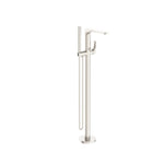 Nero Bianca freestanding bath mixer with hand shower, brushed nickel floor-mounted tapware on white background