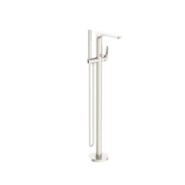 Nero Bianca freestanding bath mixer with hand shower, brushed nickel floor-mounted tapware on white background