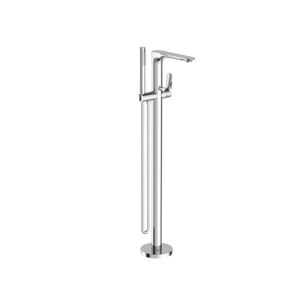 Nero Bianca freestanding bath mixer with hand shower in chrome, floor-mounted tap on white background