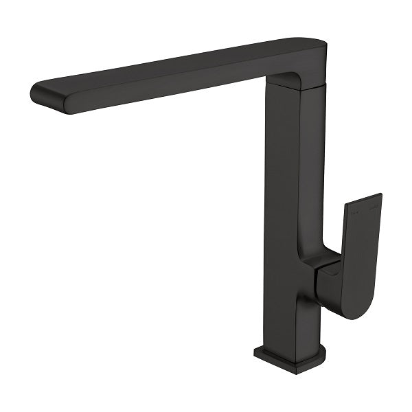 Nero Bianca kitchen mixer tap in matte black, with high square spout and single lever handle on white background