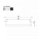 Technical drawing of Nero Dolce single towel rail, showing 700mm length and brushed nickel finish options