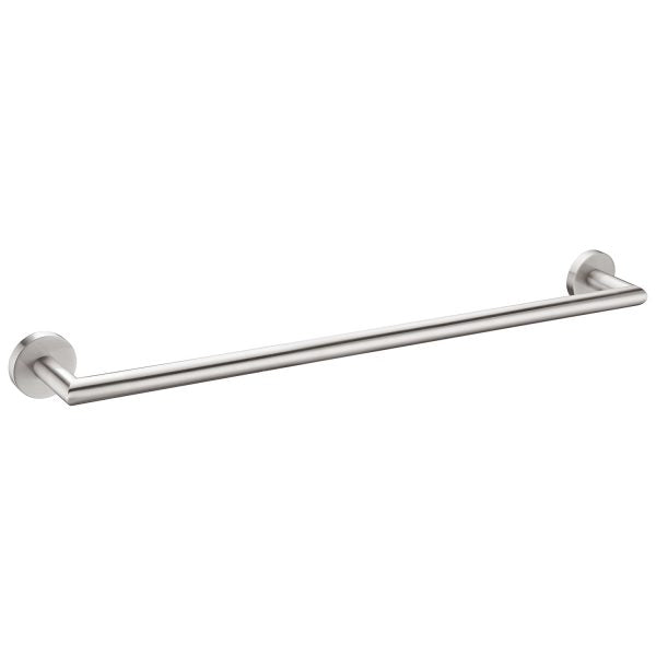 Nero Dolce single towel rail 700mm in brushed nickel with round wall plates, shown on white background
