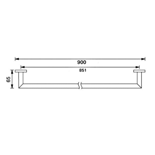 Nero Dolce 900mm chrome single towel rail technical drawing with dimensions and wall fixings shown